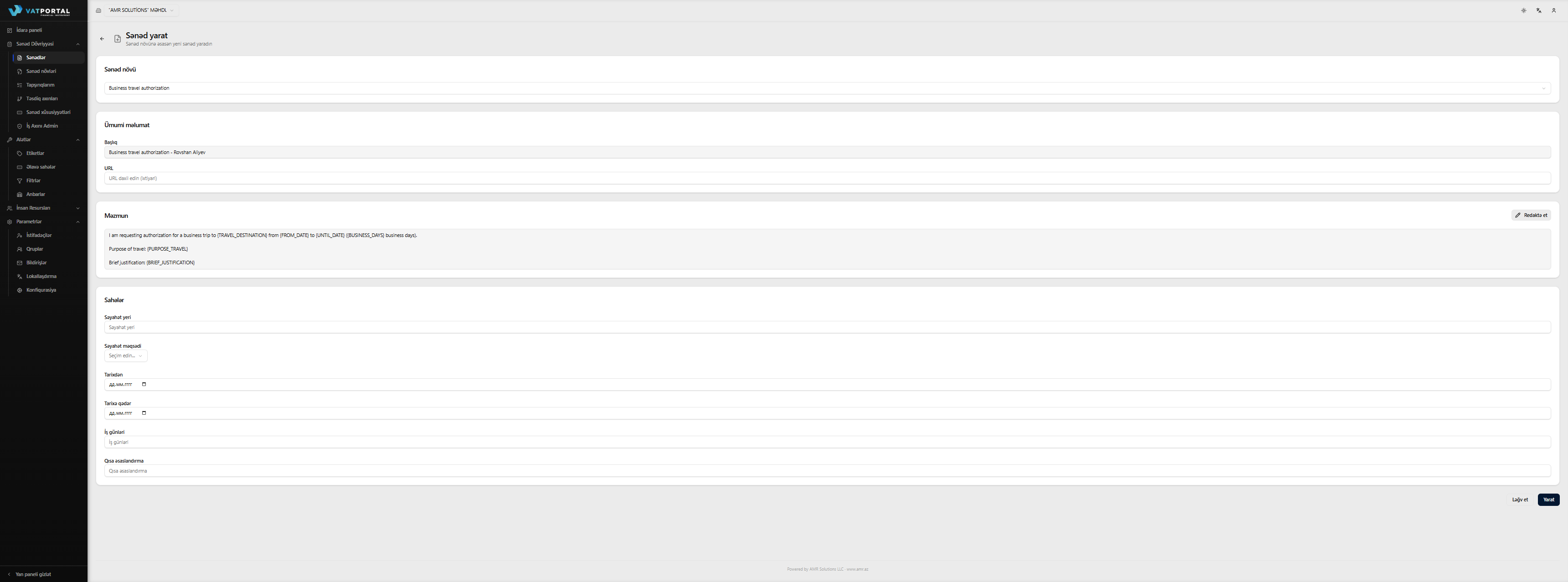 Sorğu formu sənəd növü seçilmiş və qismən doldurulmuş Sənəd Yarat səhifəsi. Avtomatik yaradılmış başlıq görünməli və aydın şəkildə yalnız-oxunur olmalıdır (solğun fon). Əvvəlcədən doldurulmuş şablonu göstərən Məzmun kartını və ən azı üç fərqli sahə növü göstərən Sahələr bölməsini daxil edin — məsələn, mətn sahəsi, tarix sahəsi və seçimləri görünən açılan menyu. Mümkünsə, Yenə əlavə et düyməsi görünən bir təkrarlanan sahə daxil edin.