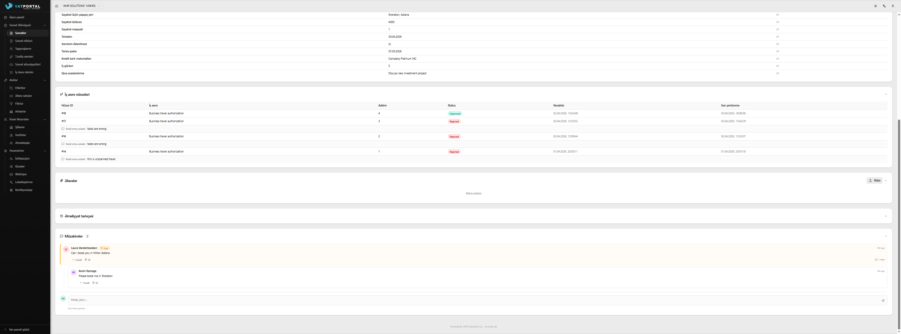 Real axın göstərən dolu Müzakirə Lövhəsi: təsdiqçidən bir yuxarı səviyyəli Sual (sarı nişan + sol çərçivə), altında girintili iki cavab (biri sənəd yaradıcısından, biri başqa təsdiqçidən) və axının dərinliyini göstərmək üçün onlardan birinin altında daha bir iç-içə cavab. Ən azı bir mesajın müəllif adının yanında kiçik "siz" nişanı olmalıdır. Aşağıdakı yazma qutusu "Göndərmək üçün Ctrl+Enter" göstərişi ilə görünməlidir.