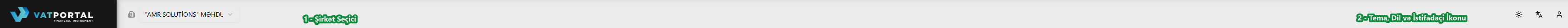İş masası enində hər elementi soldan sağa etiketlənmiş tam başlıq zolağı: Şirkət dəyişdiricisi, Mövzu dəyişdiricisi, Dil dəyişdiricisi, İstifadəçi ikonu. Şirkət dəyişdiricisinin çoxşirkətli açılan menyu variantını (admin "bütün şirkətlər" variantını deyil) göstərmək üçün adi (admin olmayan) istifadəçi hesabından istifadə edin.