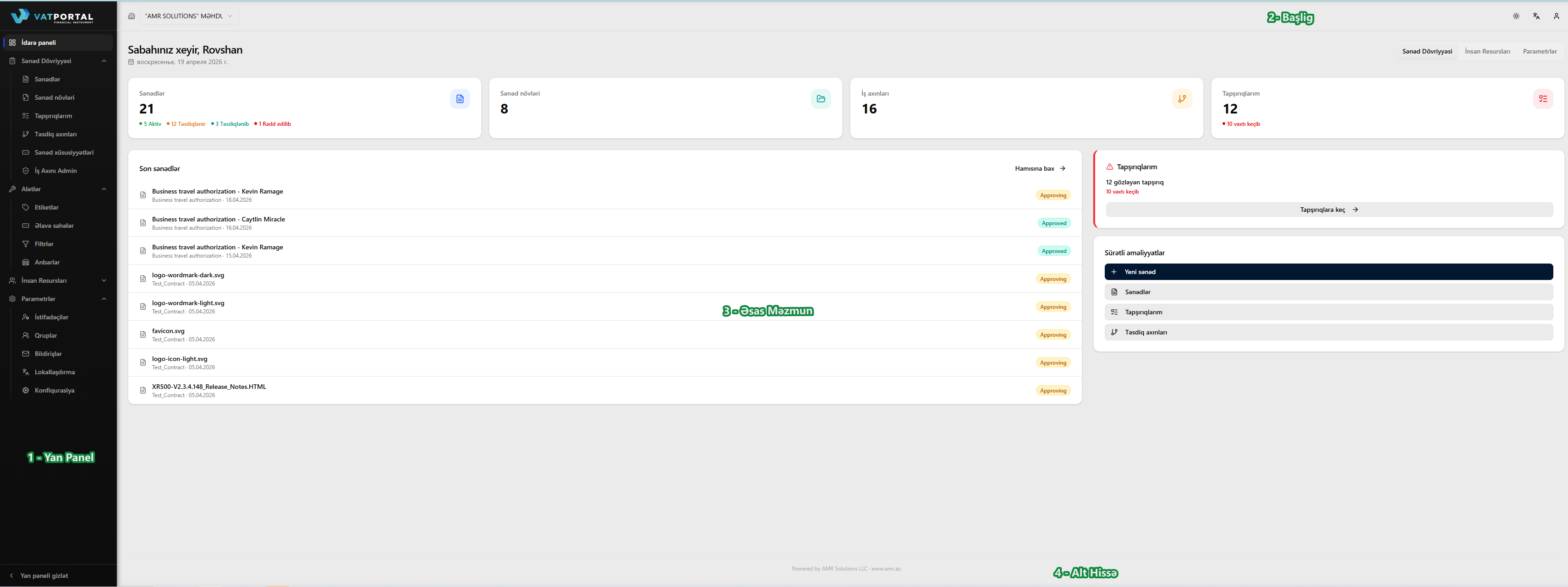 İdarə paneli səhifəsi açıq və yan panel açıq vəziyyətdə iş masası enində (~1440px) tam VAT Portal interfeysi. Dörd bölgəni etiket və oxlarla qeyd edin: Yan panel (sol sütun), Başlıq (yuxarı zolaq), Əsas məzmun (səhifə gövdəsi) və Alt hissə (aşağıdakı nazik sətir).