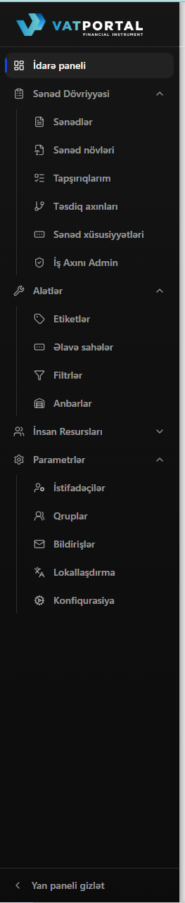 Sənəd Dövriyyəsi Sənədlər, Sənəd Növləri, Tapşırıqlarım və Təsdiq Axınlarını göstərmək üçün açılmış yan panelin yaxından görüntüsü. Aktiv səhifə (məsələn, Sənədlər) sol kənar vurğu zolağı ilə vurğulanmalıdır. Dar çərçivə alın — yalnız yan panel, başlıq yoxdur.
