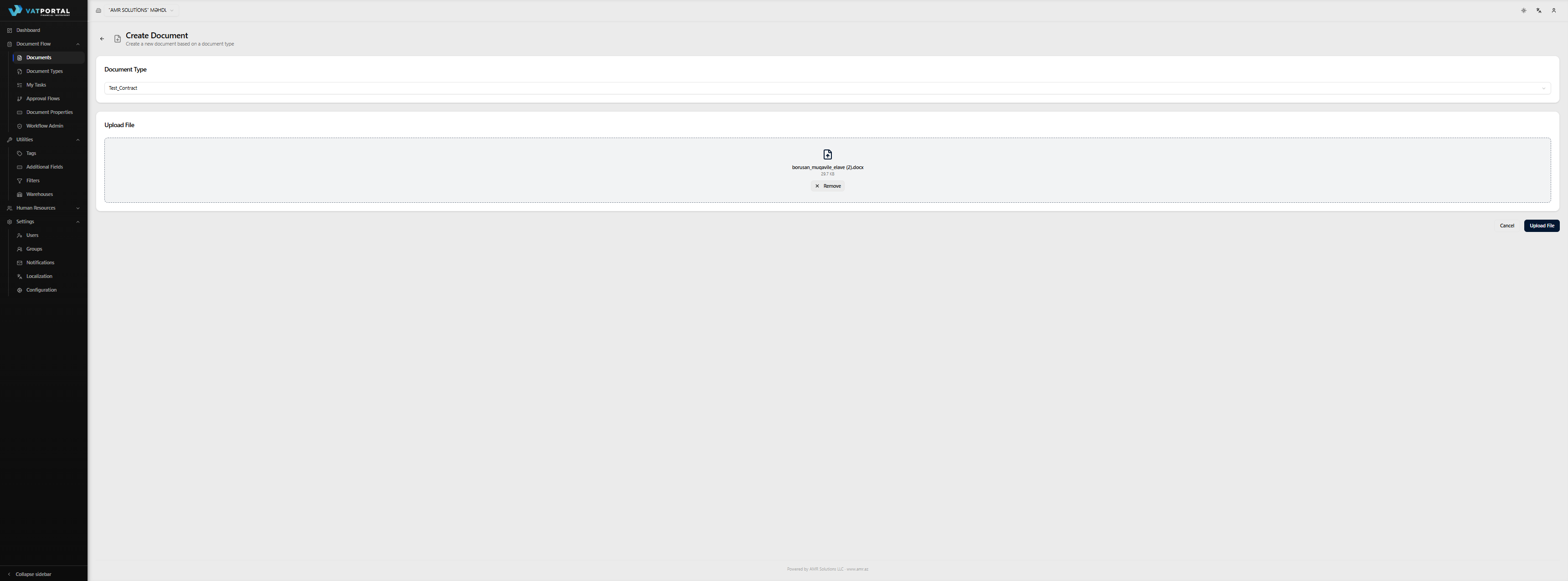 The Create Document page with a file-based document type already selected in the dropdown, and a file chosen in the drop zone — so the filename, size, and Remove button are all visible. The Upload File button at the bottom should be visible too. Use a test PDF with a realistic-sounding name (e.g., supplier-invoice-march.pdf).