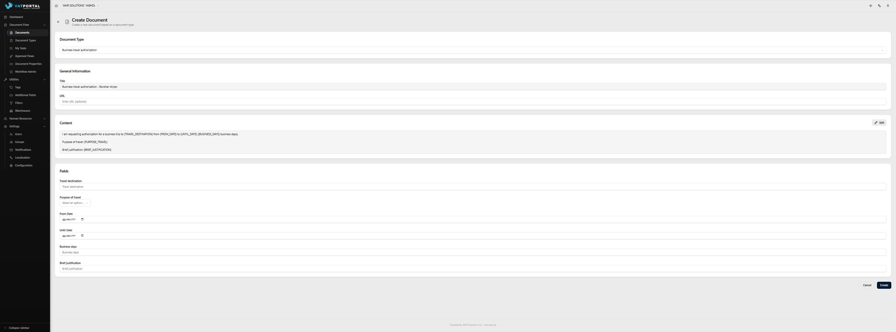 The Create Document page with a request-form document type selected, partly filled in. The auto-generated title should be visible and clearly read-only (muted background). Include the Content card showing a pre-filled template, and the Fields section showing at least three different field types — for example a text field, a date field, and a dropdown with options visible. If possible, include one repeatable field with the Add another button visible.