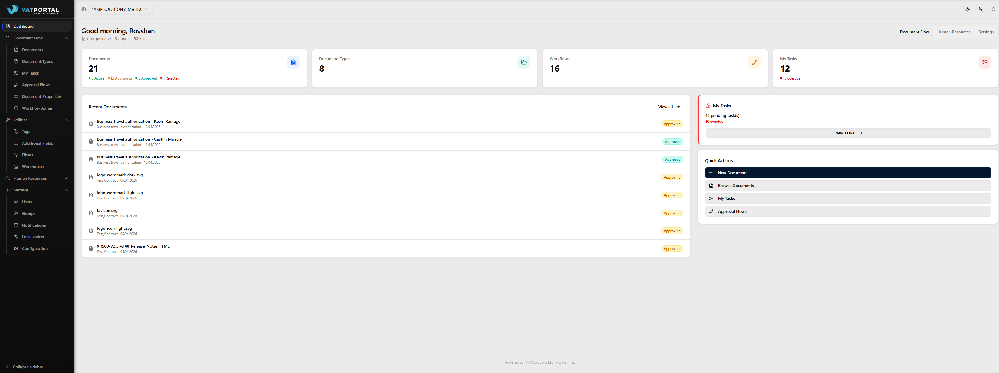 The full Document Flow dashboard. Capture at desktop width (~1440px) so the layout shows: greeting and date at the top, module tabs on the right (if applicable), the row of four stat cards, and both columns below (Recent Documents on the left, My Tasks callout + Quick Actions on the right). Populate the account with a realistic number of documents and at least one pending task so it doesn't look empty.