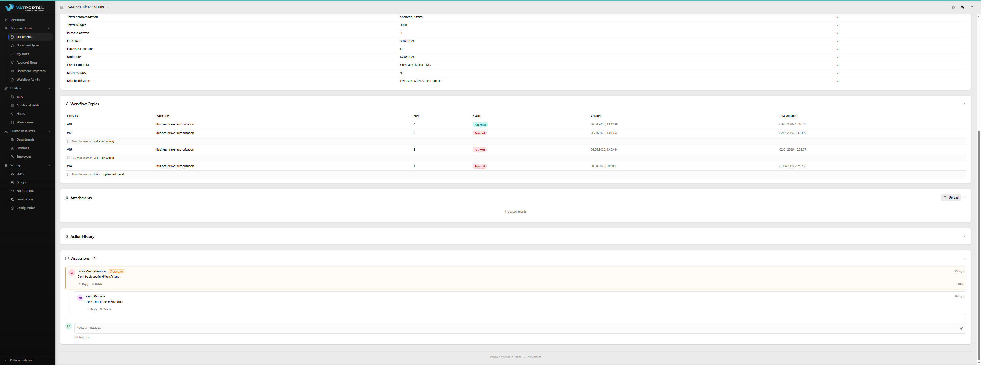 A populated Discussion Board showing a realistic thread: one top-level Question from an approver (amber badge + left border), two replies indented underneath (one from the document creator, one from another approver), and a further nested reply beneath one of those to show the threading depth. At least one message should have the small "you" badge next to the author name. The compose box at the bottom should be visible with the "Ctrl+Enter to send" hint.