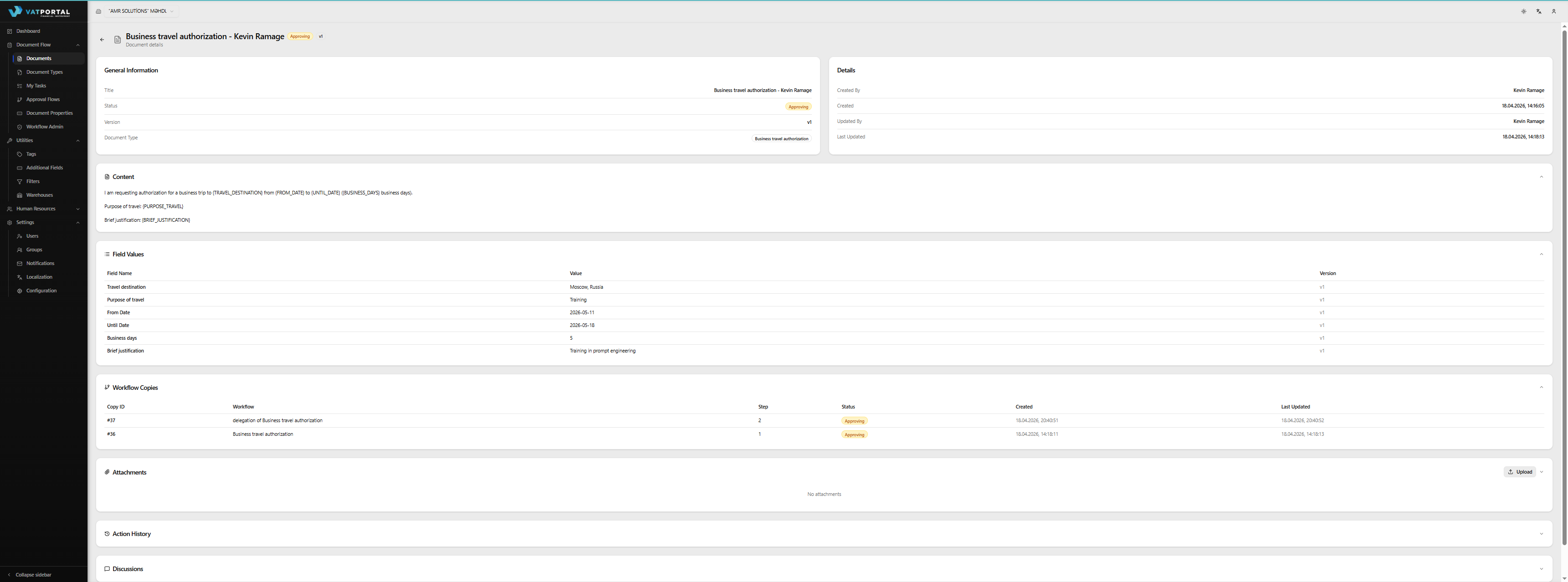 A document detail page for a request form in Approving status. The top should show the title, the Approving status badge, and the v1 version badge. No action buttons at the top (Approving is locked). Below the header, capture the General Info + Details cards side by side, the Field Values table, and the Workflow Copies card with at least one row showing an Approving step and an earlier Approved step so the approval flow progression is visible. Use desktop width.