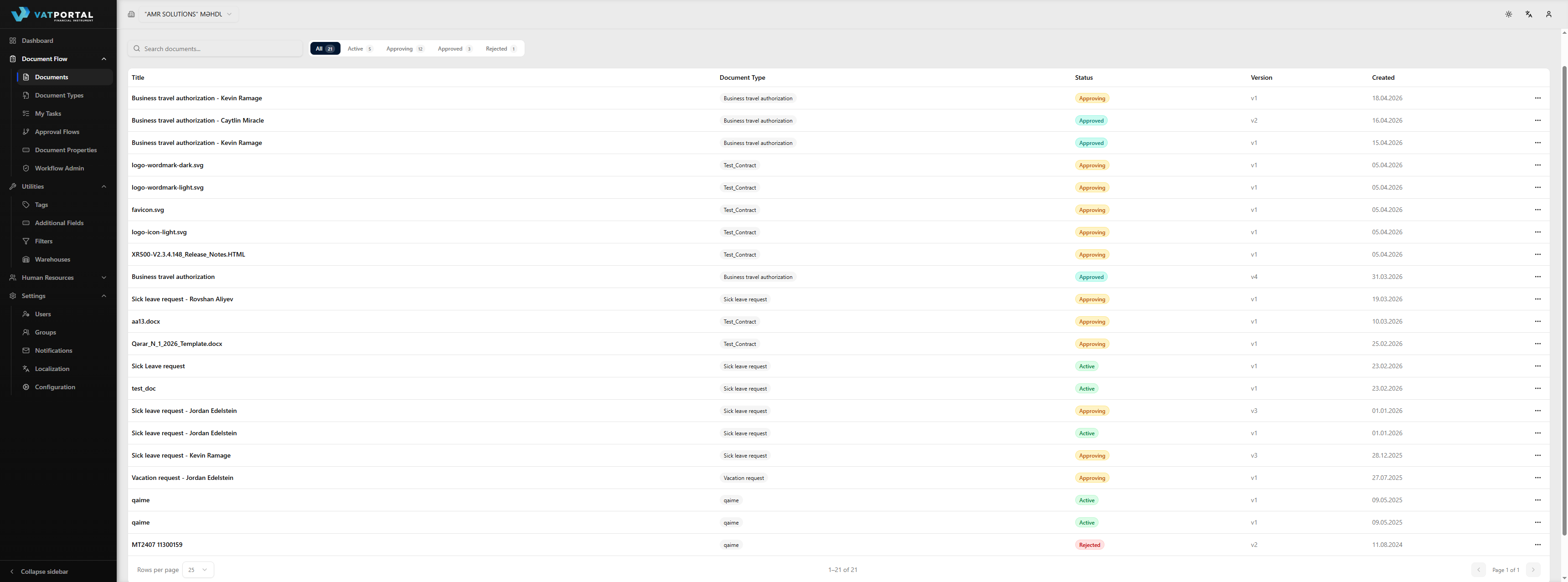 The Documents list page populated with a realistic mix of records in different statuses — a few Active (draft), a few Approving (in review), one or two Approved, and at least one Rejected. The status column should clearly show the color-coded badges. This is the canonical "what Document Flow looks like" shot. Use a regular user account to avoid admin-only controls in the header.