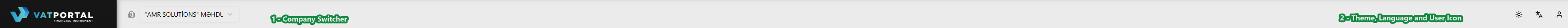 The full header bar at desktop width, annotated with labels on each element from left to right: Company switcher, Theme toggle, Language switcher, User icon. Use a regular (non-admin) user account so the company switcher shows the multi-company dropdown variant (not the admin "all companies" variant).