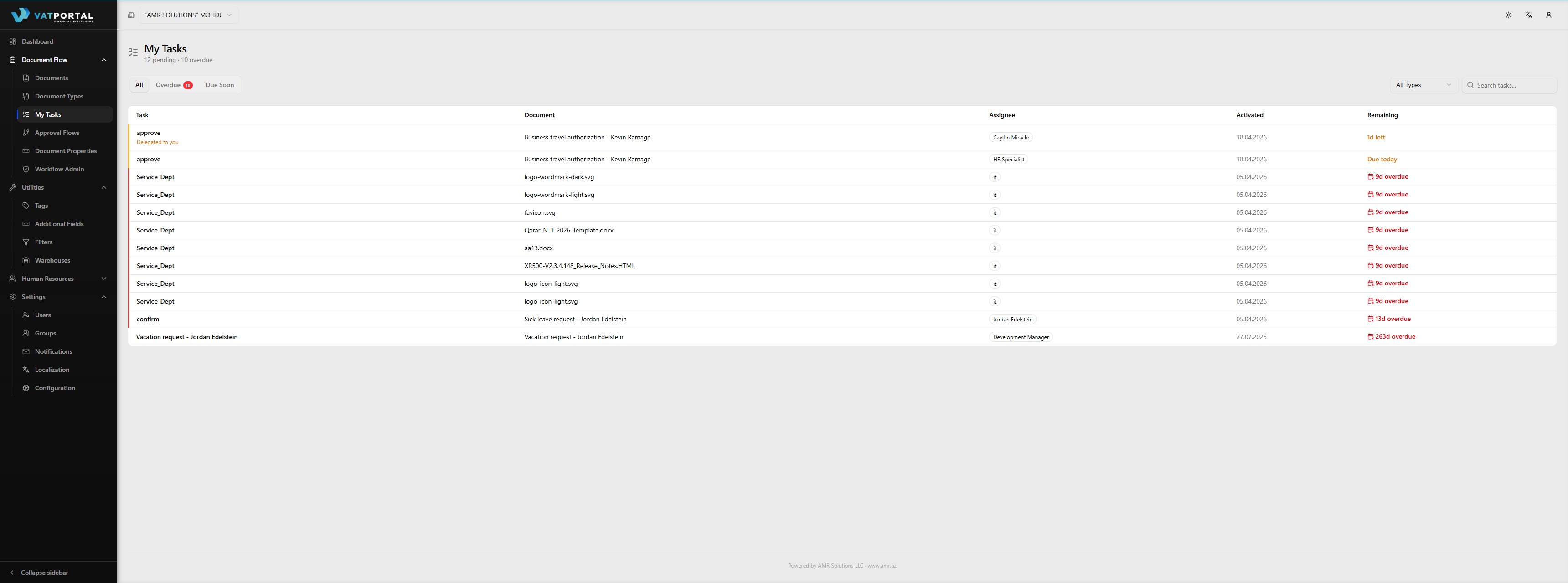 The My Tasks page with at least 4–5 realistic rows in mixed states: one overdue (red left border + "Nd overdue" in red), one due soon (amber left border + "Nd left" in amber), one normal (no border), and ideally one showing the "Delegated to you" label beneath the task name. The three filter tabs should be visible at the top with the Overdue tab showing a red count badge. Use desktop width so all columns fit.