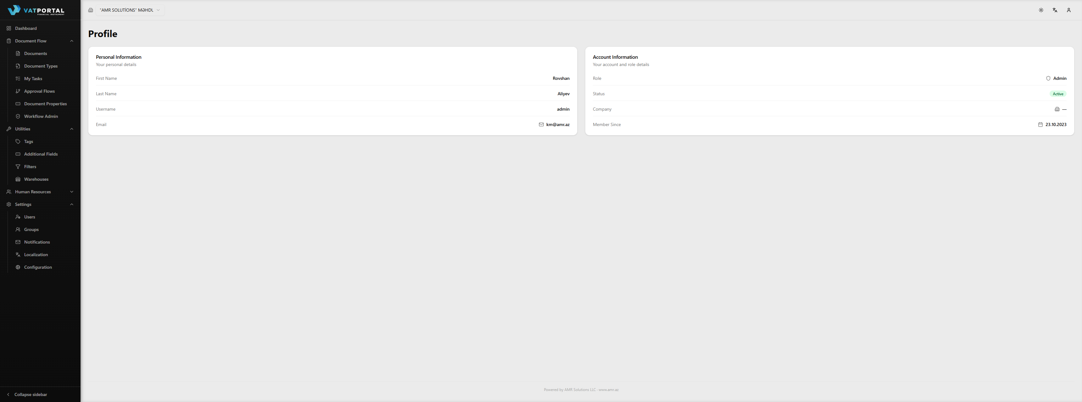 The full Profile page at desktop width, showing both cards side by side (Personal Information on the left, Account Information on the right). Use a regular user account — not an admin — so the Role shown is something like "Operator", which is more representative of the majority of readers.