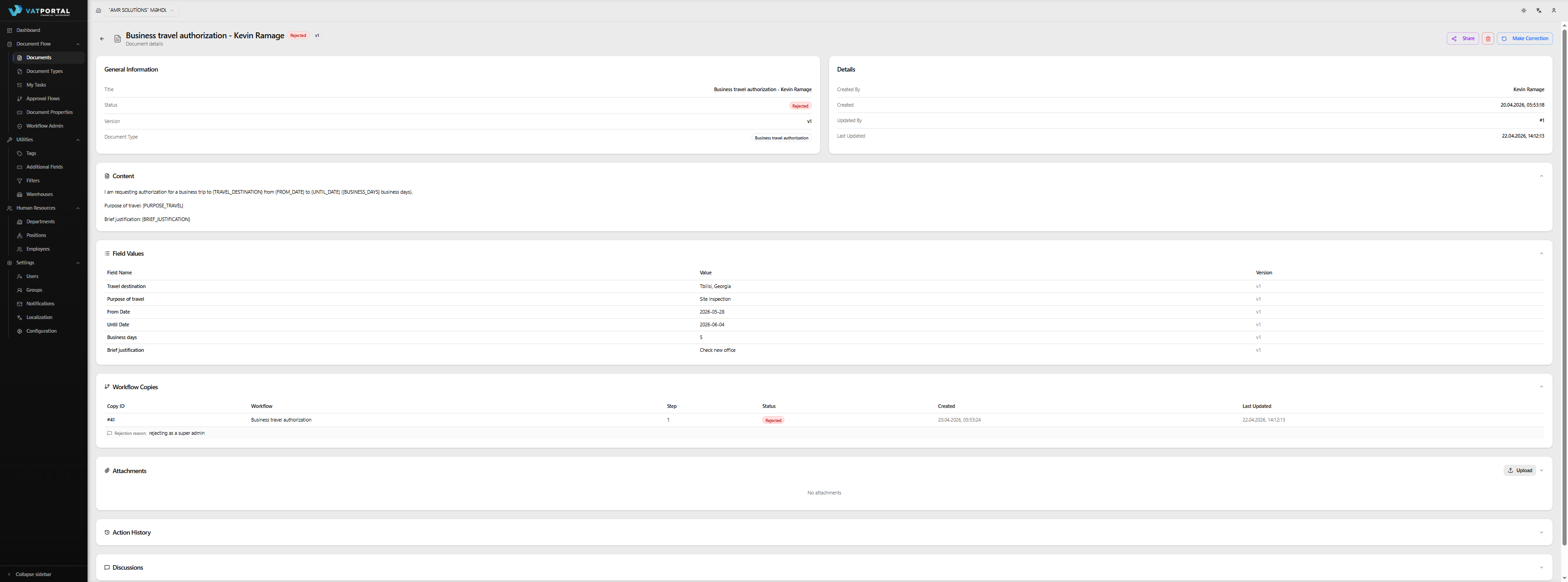 The document detail page for a Rejected document, captured to show two things together: (a) the action buttons at the top — the blue Make Correction button and the red delete button — and (b) a visible Workflow Copies card lower on the page where the previous approval attempt is listed with its Rejected badge and the reviewer's rejection comment. Use desktop width so both are visible without scrolling if possible.