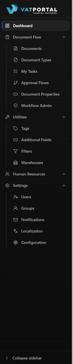 Close-up of the sidebar with Document Flow expanded to show Documents, Document Types, My Tasks, and Approval Flows. The active page (e.g., Documents) should be highlighted with its left-edge accent bar. Crop tightly — sidebar only, no header.