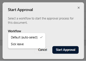 The Start Approval dialog open on top of a document detail page. The Workflow dropdown should be expanded to show the available options (including "Default (auto-select)" and at least one named workflow). Use a Request Form document so the detail page beneath looks populated with fields rather than a file-upload placeholder.