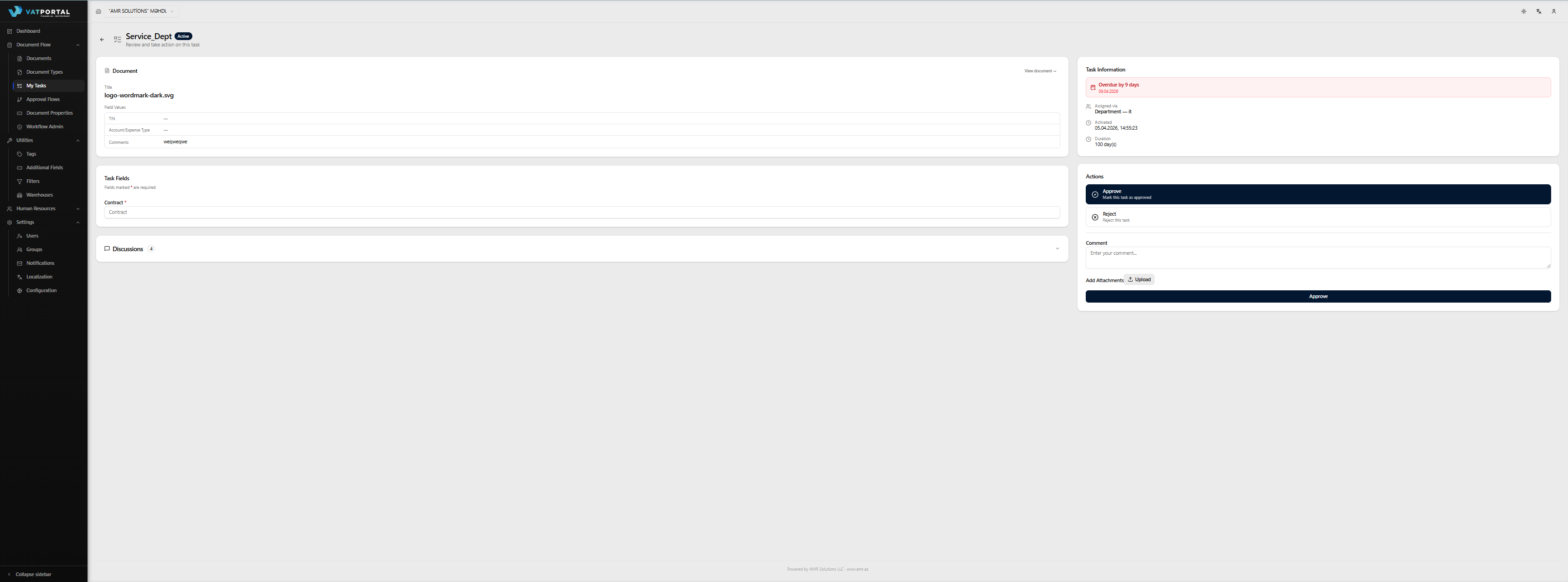 The task detail page with the Approve action selected in the right column. The comment field, Upload button (with one attached file visible), and the bottom Approve submit button should all be visible. On the left column, include the Task Fields card showing at least one required field (red asterisk) so the reader can see what "required" looks like. Use desktop width.