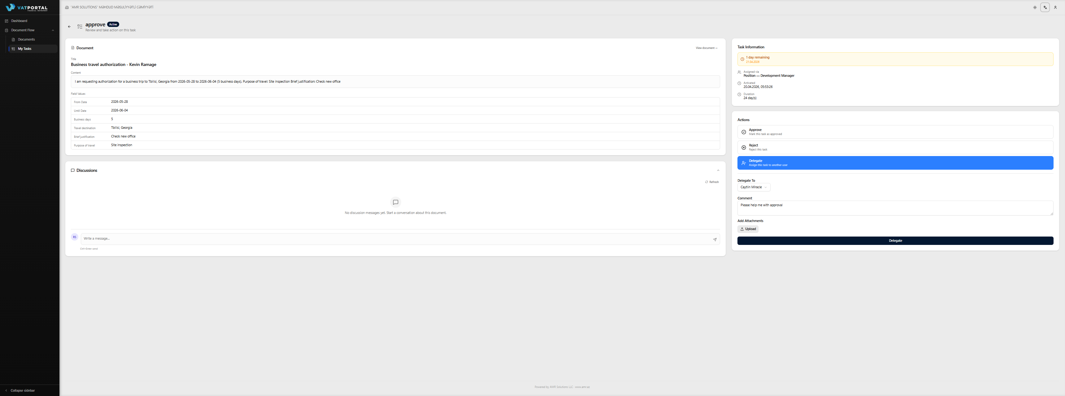 The task detail page with the Delegate action selected in the right column. The Delegate to dropdown should be open, showing at least 3 realistic candidate names. The comment field below should have a short, realistic reason filled in. The final blue Delegate submit button at the bottom should be visible.