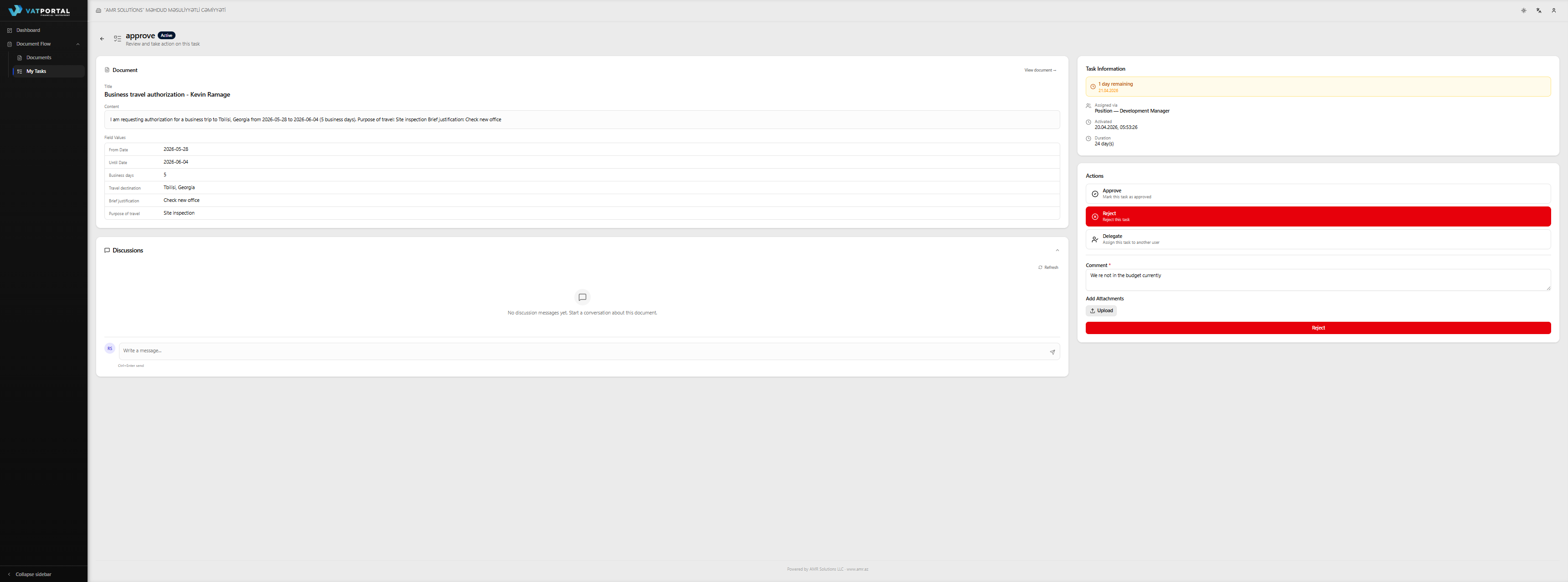 The task detail page with the Reject action selected in the right column. The expanded form should show the comment textarea with a filled-in, realistic rejection reason (at least 5 characters; ideally a paragraph), and the final red Reject submit button at the bottom. Use desktop width so the document excerpt on the left is also visible — readers should see that rejecting happens in the same layout as approving.