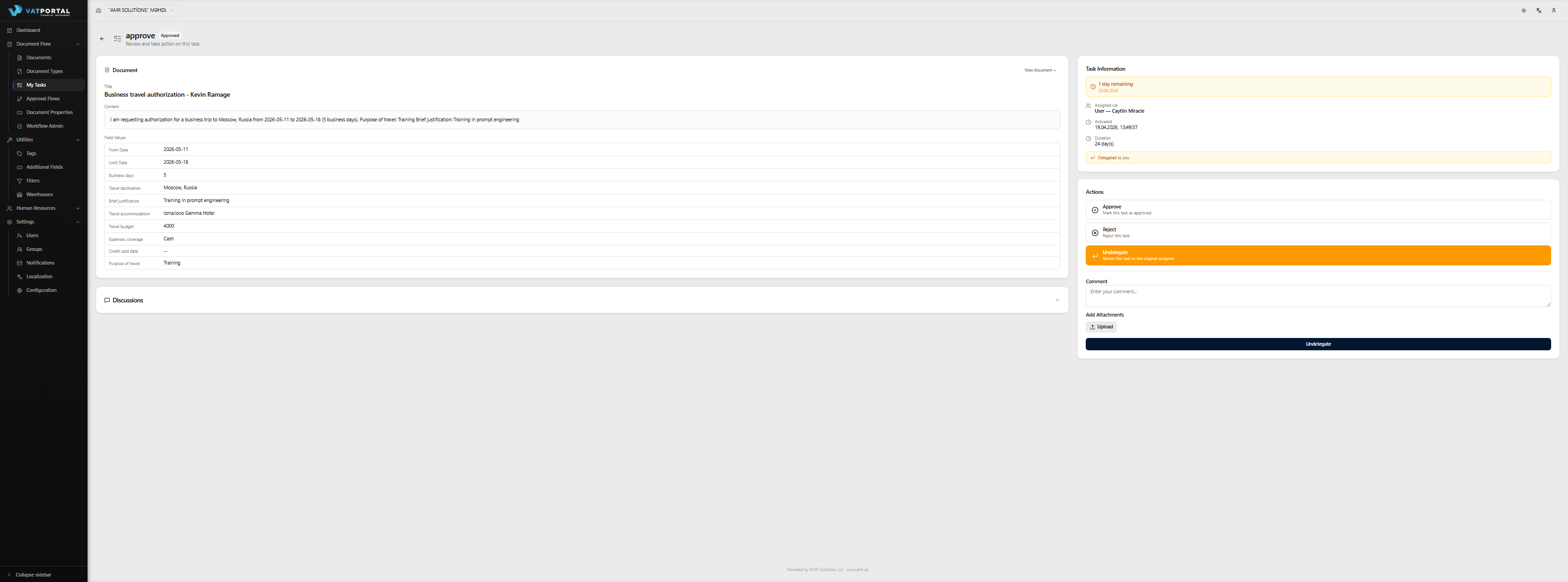 The task detail page with the Undelegate action selected. The action panel should clearly show the amber Undelegate button highlighted, the comment field (filled with a realistic reason — at least one sentence), and the bottom Undelegate submit button. At the top of the task, the "Delegated to you" indicator should be visible so it's clear why this action is available. Use desktop width with the document excerpt visible on the left for context.